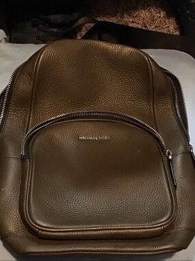 Michael Kors Men's Olive Green Pebbled Leather Backpack with Silver Hardware